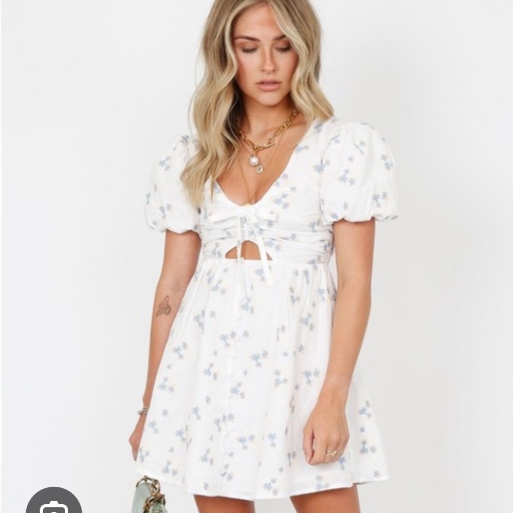 For Love And Lemons White Floral Puff Sleeve Mini Dress